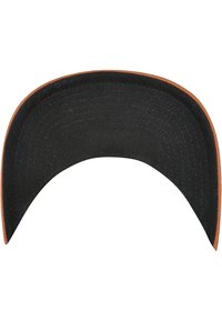 Black fabric visor with a curved shape, featuring a brown stitched edge. Interior shows fine stitching detail, designed for sun protection.