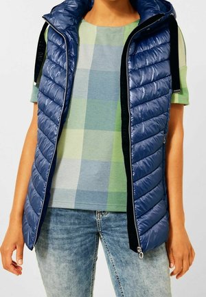 Vrouw die een blauw doorgestikt mouwloos vest draagt over een groen-blauw geruit kort mouw hemd en lichtblauwe spijkerbroek.