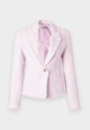 Ροζ ανοιχτό ροζ υφασμάτινο σακάκι με κρόσσια στα άκρα, μακριά μανίκια, κλείσιμο με ένα κουμπί σε ρόζ χρυσό και λείο σατινέ εσωτερικό ε πένδυση.