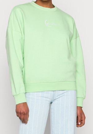 Person iført en lysegrøn sweatshirt med lille hvid skriftlogo og lyseblå jeans med tynde striber, stående mod en ensfarvet baggrund.