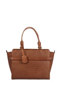 Brązowa torebka ze strukturalnej skóry z dwoma uchwytami, metką z logo Burkely oraz wytłoczonym nazwiskiem marki na przedniej części.