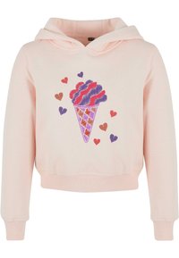 Cropped hoodie rosa con grafica di un cono gelato con accenti viola e rossi, circondato da piccoli cuori. Realizzato in tessuto morbido.