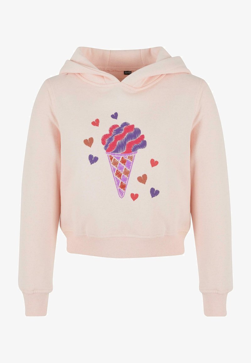 Rózsaszín, cropped kapucnis pulóver, jégkrém tölcsér grafikával, lila és piros kiemelésekkel, kis szívek körülötte. Puha anyagból készült.