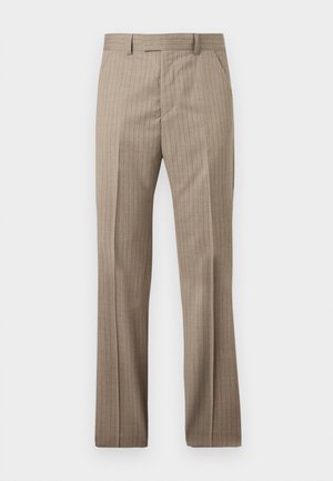 Beige men's tailored trousers with subtle vertical pinstripes, belt loops, and a front zip fly closure.