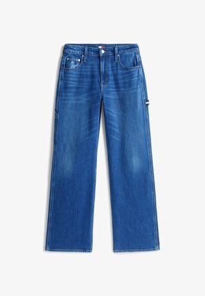 Széles szárú kék farmernadrág klasszikus szabással, öt zsebbel és enyhén elhalványult textúrával. Látható gyógynövény színű kontrasztvarrás.