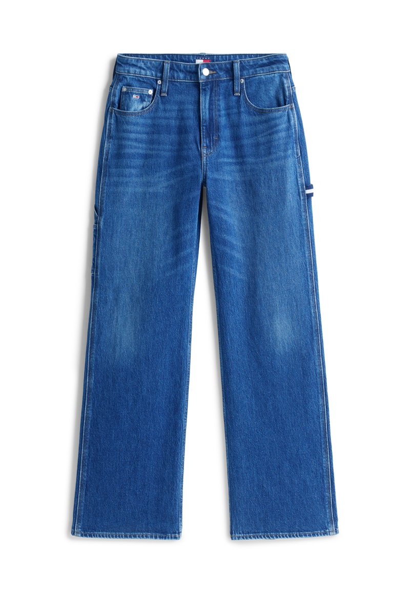 Weite blaue Denim-Jeans mit klassischem Schnitt, ausgestattet mit fünf Taschen und einer sanften, ausgewaschenen Textur. Sichtbare, krautige Kontrastnähte.
