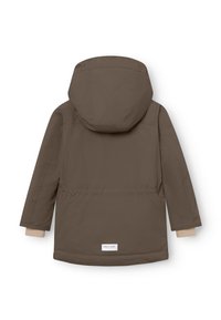 Braune Kapuzenjacke mit glatter Textur, elastischen Bündchen und tailliertem Schnitt. Merkmale ein Etikett am unteren Ende mit "MINI A TURE."
