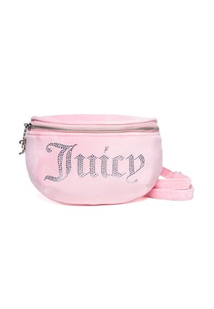 Borsa circolare in velluto rosa con chiusura a zip argentata e tracolla. Presenta la scritta "Juicy" in strass sul davanti. Texture morbida.