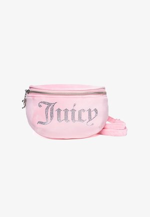 Sac circulaire en velours rose avec une fermeture éclair argentée et une bandoulière. Présente "Juicy" en rhinestones sur le devant. Texture douce.