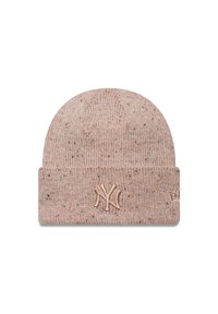 Boné de malha em rosa claro com speckles multicoloridos, apresentando um logotipo NY bordado na aba e um topo arredondado sem costuras.