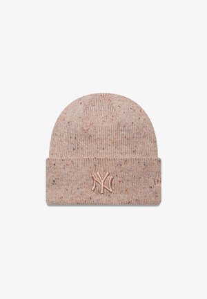 Berretto da baseball lavorato a maglia color rosa chiaro con dettagli multicolore, caratterizzato da un logo NY ricamato sul risvolto e una parte superiore arrotondata senza cuciture.