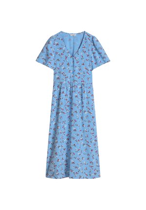 Hellblaues, kurzärmeliges Kleid mit V-Ausschnitt und kleinen roten, weißen und schwarzen Blumenmustern, die über den Stoff verteilt sind.