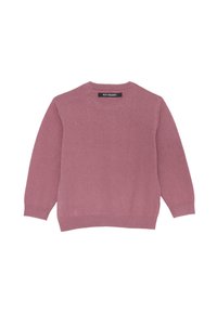 Maglione rosa a maglia con maniche lunghe, collo rotondo, polsini e orlo a coste. Etichetta del marchio visibile sul retro del collo. Texture morbida.