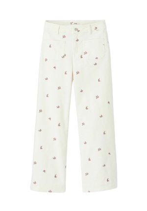 Pantalon en coton blanc avec une coupe large, orné de petits motifs floraux brodés en rose. Comprend deux poches avant et une fermeture à bouton.