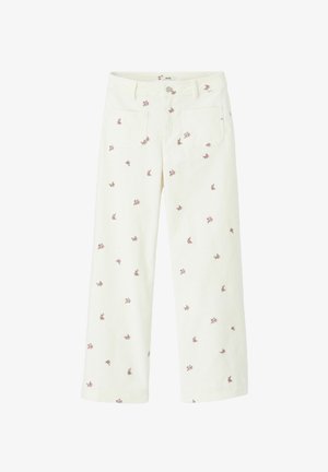 Pantalon en coton blanc avec une coupe large, orné de petits motifs floraux brodés en rose. Comprend deux poches avant et une fermeture à bouton.
