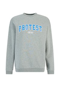Grijze sweatshirt met blauwe "PROTEST" tekst en "EST. 93" daaronder. Voorzien van een ronde hals, lange mouwen en ribbels aan de mouwen en onderrand.