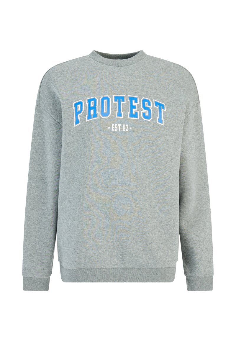 Grijze sweatshirt met blauwe "PROTEST" tekst en "EST. 93" daaronder. Voorzien van een ronde hals, lange mouwen en ribbels aan de mouwen en onderrand.