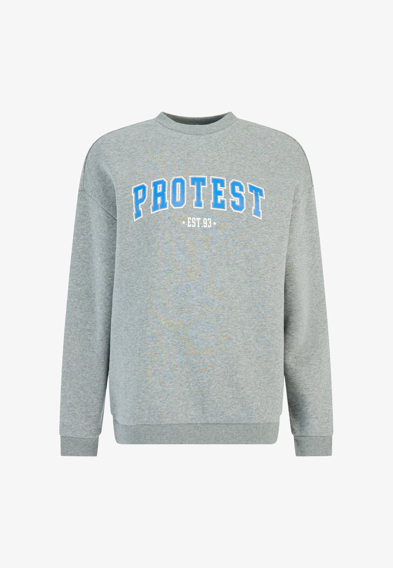 Grijze sweatshirt met blauwe "PROTEST" tekst en "EST. 93" daaronder. Voorzien van een ronde hals, lange mouwen en ribbels aan de mouwen en onderrand.