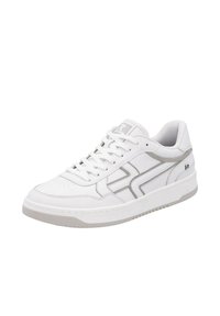 White athletic shoe with a smooth leather upper, gray accents, perforated toe, and thick rubber sole for durability. Features classic lacing.
