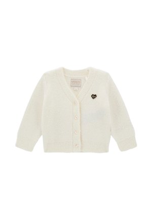 Cardigan bianco lavorato a maglia con scollo a V, dotato di cinque bottoni e un piccolo logo a forma di cuore nero sul petto. Tessuto morbido.