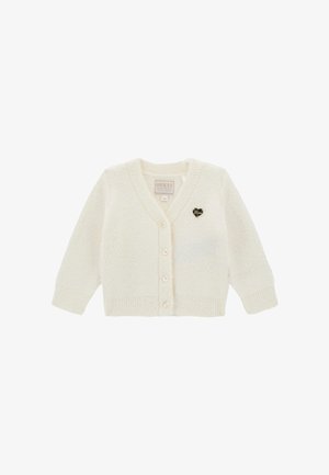 Cardigan bianco lavorato a maglia con scollo a V, dotato di cinque bottoni e un piccolo logo a forma di cuore nero sul petto. Tessuto morbido.