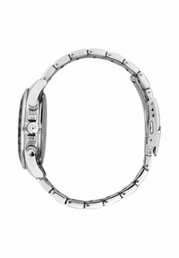 Silberne Metallarmbanduhr mit einem runden schwarzen Zifferblatt, drei Druckknöpfen und einem flexiblen Gliederarmband-Design. Glatte, polierte Oberfläche.