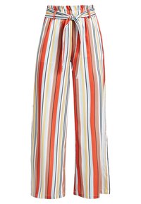 Pantalon taille haute à jambes larges avec des rayures verticales orange, beige, jaune, blanc et noir, doté d'une ceinture en tissu nouée à la taille.