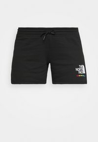 Svarta sportshorts gjorda av mjukt tyg med elastisk midja, dragsko och vit The North Face-logotyp med färgglada accenter.