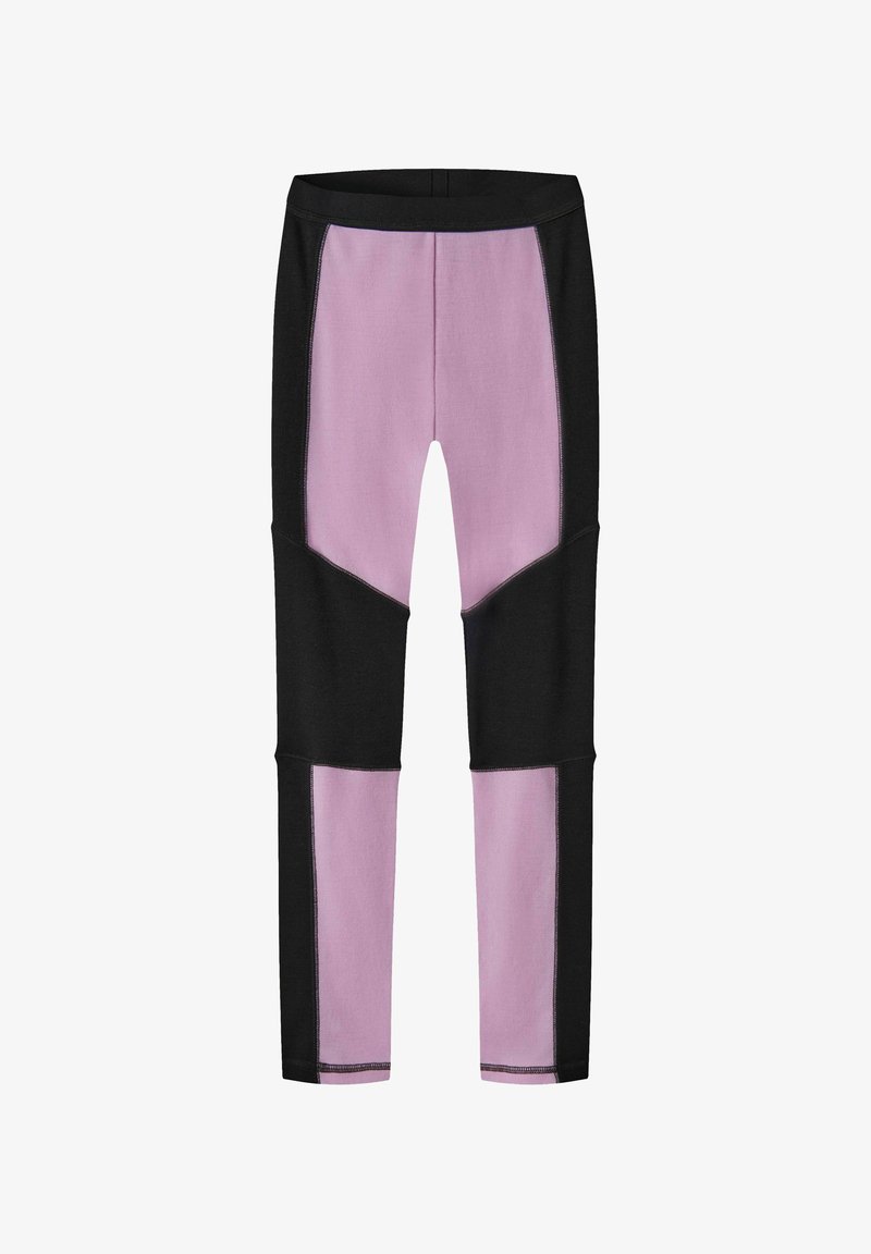 Leggings ajustés avec un design en panneaux rose et noir, dotés d’une taille haute et de sections en blocs de couleur sur les jambes et les hanches.