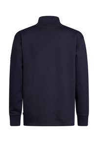 Maglione blu navy con colletto alto, maniche lunghe e polsini a coste. Tessuto morbido senza motivi o dettagli visibili. Vista posteriore semplice.