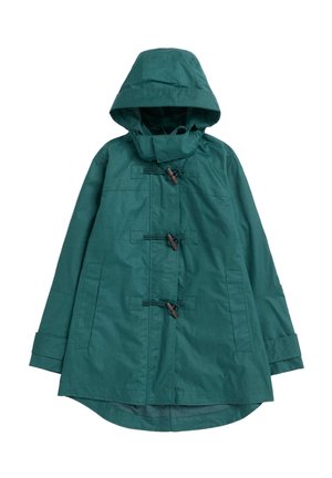 Jachetă cu glugă de culoare verde-albăstruie, confecționată din material rezistent la apă. Dispune de închidere cu șnur, buzunare laterale și tiv ușor evazat pentru libertate de mișcare.