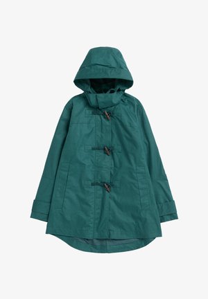 Petrolblauw gewatteerd jack met capuchon, gemaakt van waterafstotend materiaal. Voorzien van sluiting met touwtjes, zijzakken en een iets uitlopende zoom voor meer bewegingsvrijheid.