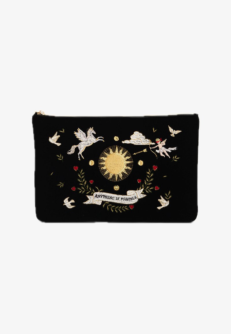 Melna somiņa ar zelta sauli, baltu Pegazu, lidojošu Amoru ar loku, baltām putnām, sarkanām ziedēm un lentu ar uzrakstu "Viss ir iespējams."