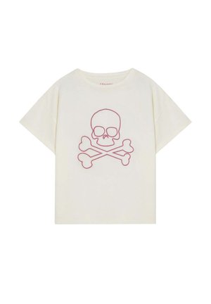 Camiseta de manga corta color crema con un gráfico de calavera y huesos cruzados en contorno rojo centrado en el frente.