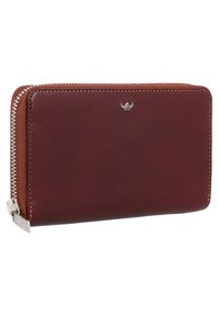 Portafoglio in pelle di un elegante bordeaux scuro con una superficie liscia e cuciture in contrasto color tan. Presenta una chiusura con zip e un piccolo logo metallizzato sul fronte.