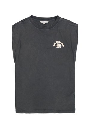 Dark gray crew neck t-shirt with small light graphic and text "Sole Mare Amore Garcia" on the upper left chest.