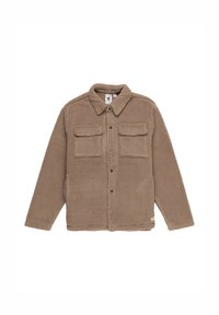 Brown fleece jacket with a collared neck, two chest pockets, and button front closure. Soft texture with a relaxed fit.