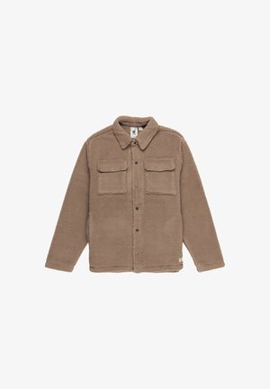 Brown fleece jacket with a collared neck, two chest pockets, and button front closure. Soft texture with a relaxed fit.