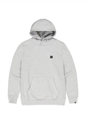 Grijze sweatshirt met een capuchon, voorzien van een voorzak en een klein zwart logo op de borst. Gemaakt van een zachte, gestructureerde stof.