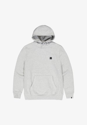 Grijze sweatshirt met een capuchon, voorzien van een voorzak en een klein zwart logo op de borst. Gemaakt van een zachte, gestructureerde stof.