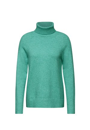Maglione turchese a collo alto in un morbido materiale lavorato a maglia, con maniche lunghe e dettagli a coste ai polsini e all'orlo.