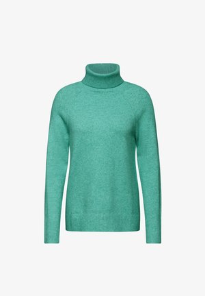 Suéter de cuello alto en color turquesa, confeccionado en un suave material de punto, con mangas largas y detalles acanalados en los puños y el dobladillo.