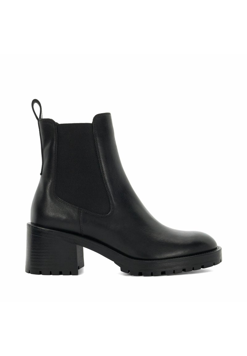 Black leather ankle boot with elastic side panels, rounded toe, and a chunky, textured heel for stability and grip.