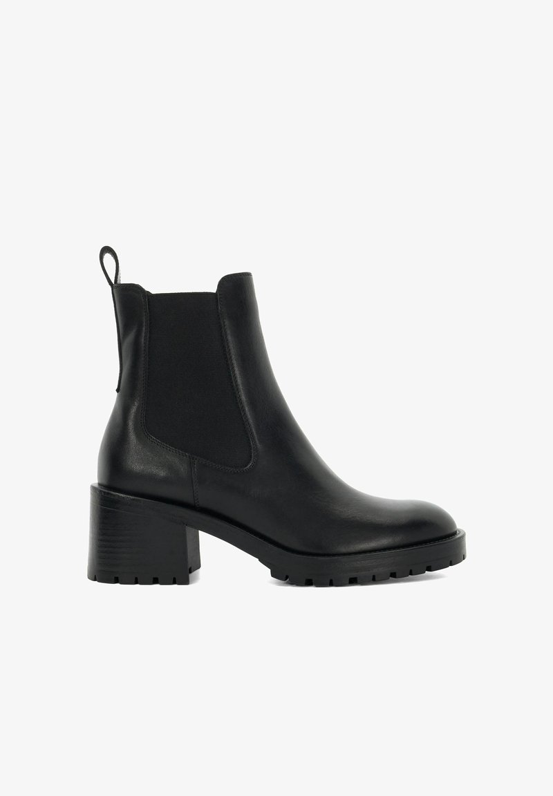 Black leather ankle boot with elastic side panels, rounded toe, and a chunky, textured heel for stability and grip.
