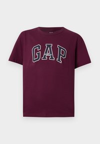 Burgunderfarbendes Kurzarm-T-Shirt mit Rundhalsausschnitt, auf dem in großen fetten Buchstaben "GAP Athletic" über die Brust gedruckt ist.