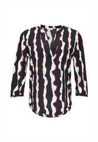 Zwart-wit blouse met golvende streepjespatroon in paarse accenten, voorzien van een V-hals en driekwart mouwen. Zachte stof, afgeronde zoom.