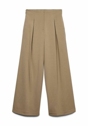 Pantalon beige taille haute à jambes larges avec plis sur le devant et une ceinture lisse, présenté sur un fond blanc.