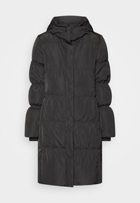 Black padded long coat with a high collar, horizontal quilted design, and elastic cuffs. It features a front zip closure and a slight sheen.