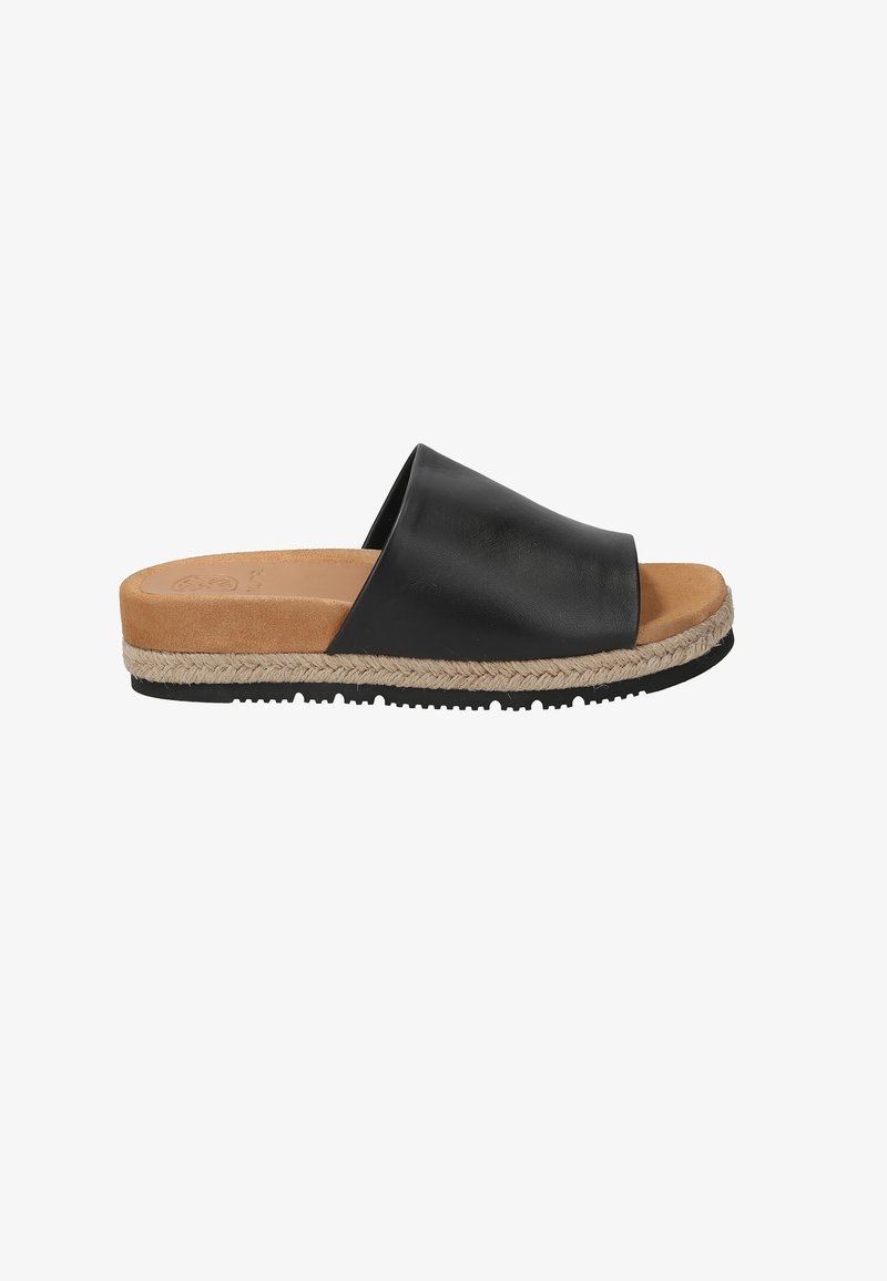 Sandale mule en cuir noir avec semelle intérieure beige rembourrée, bordure en jute tressée autour de la semelle, et semelle extérieure en caoutchouc noir.