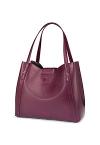 Burgundy leather tote bag with smooth, glossy texture, dual handles, an open top, and subtle stitching details.